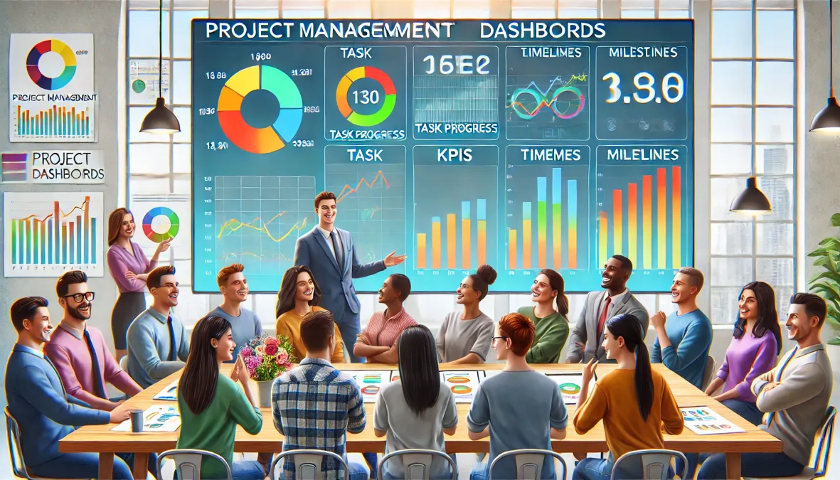 Image d'illustration de l'article de blog du site Pickaform qui a pour titre : Tableau de bord de suivi de projet : ce que vous devez savoir. Cette illustration montre une équipe souriante autour d’un tableau de bord de suivi de projet, visualisant les KPIs.